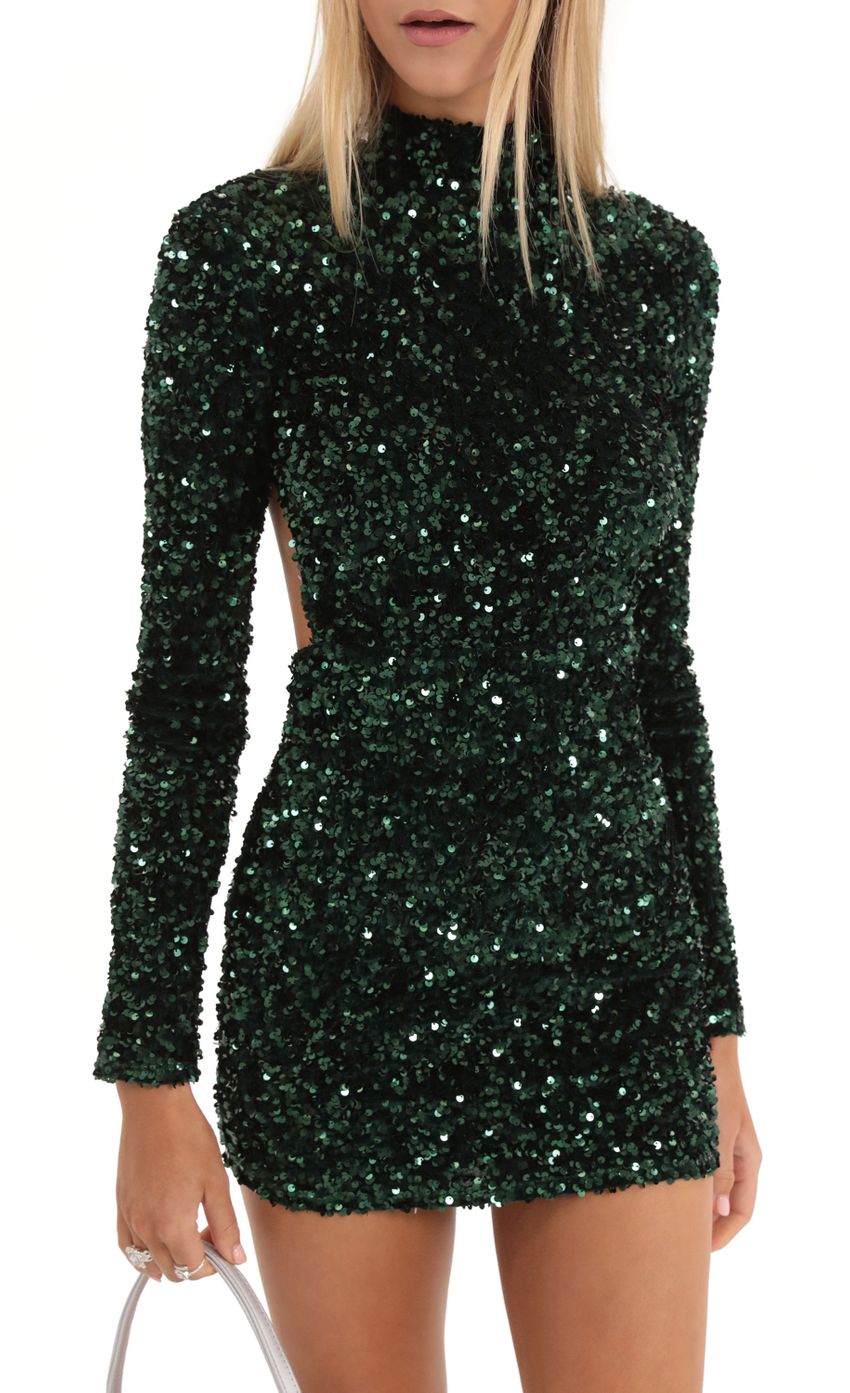 Picture Velvet Sequin Open Back Dress in Green. Source: https://media-img.lucyinthesky.com/data/Dec22/850xAUTO/8890ff2b-e981-4e7a-9f73-9e4c89ab7366.jpg