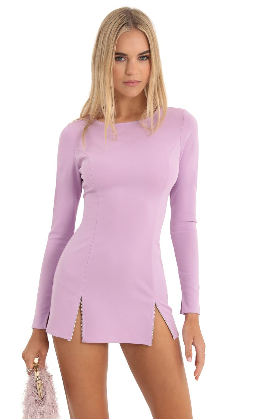 Picture Rhinestone Cinched Bodycon Dress in Purple. Source: https://media-img.lucyinthesky.com/data/Dec22/850xAUTO/8df77bce-b7e1-4e3e-ad49-1b3a8ff73dd2.jpg