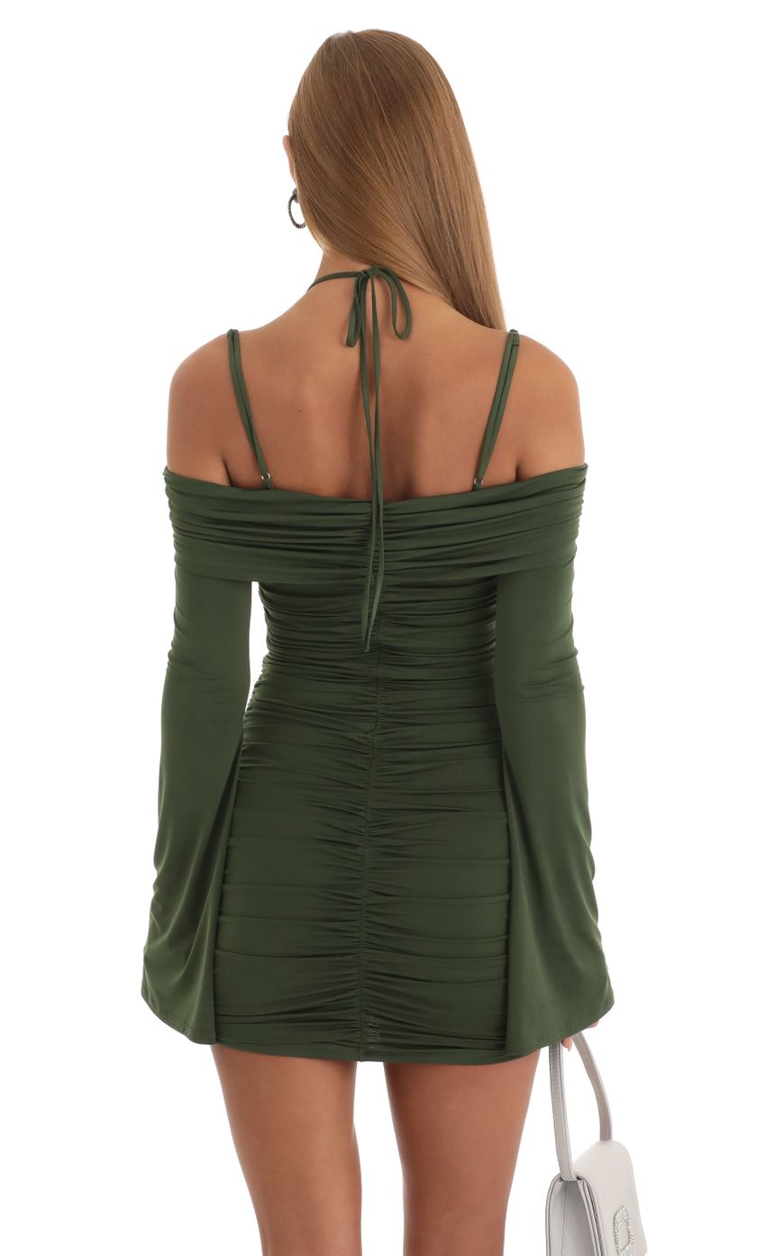 Picture Ruched Bodycon Flare Sleeve Dress in Green. Source: https://media-img.lucyinthesky.com/data/Dec22/850xAUTO/9106fddf-fc26-4835-9db6-cf3228b3cc98.jpg