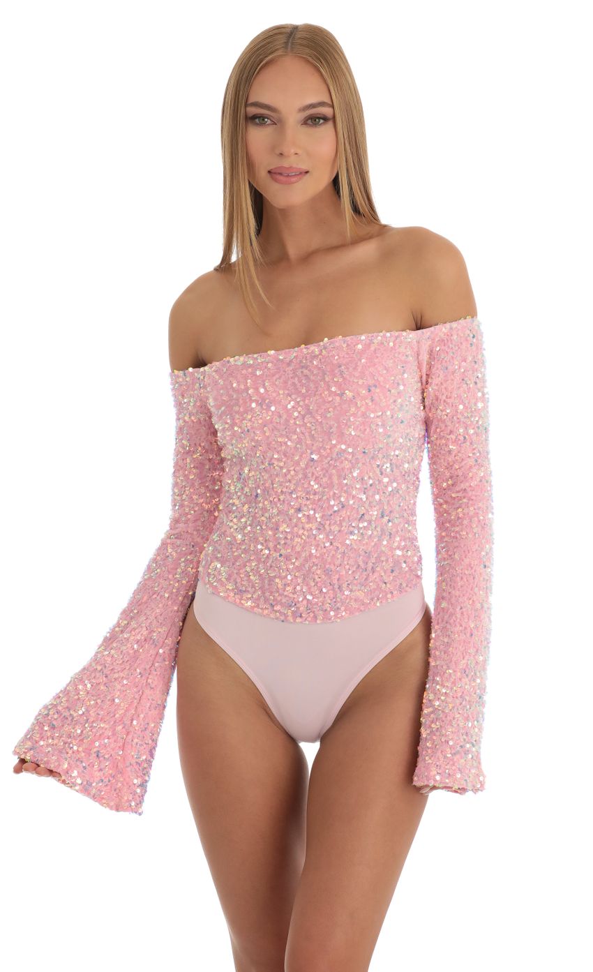 Picture Velvet Sequin Bodysuit in Pink. Source: https://media-img.lucyinthesky.com/data/Dec22/850xAUTO/a2e611ee-12be-4bdd-9759-c4c34a74cb01.jpg