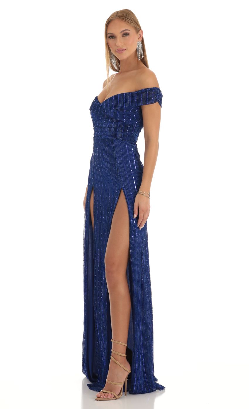 Picture Sequin Striped Off The Shoulder Maxi Dress in Blue. Source: https://media-img.lucyinthesky.com/data/Dec22/850xAUTO/a304772b-b97d-4b54-be1d-2645b623ce2a.jpg