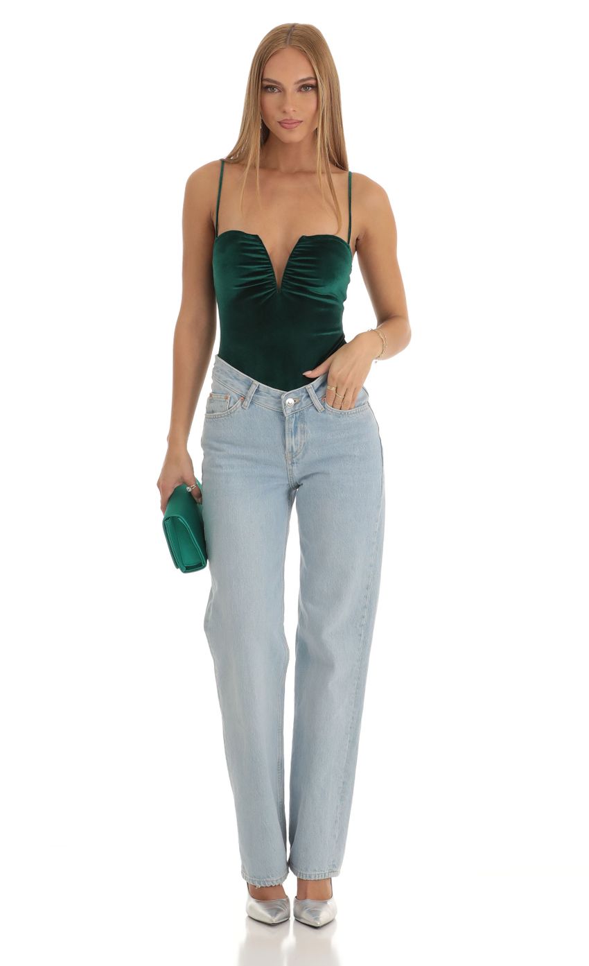 Picture V-Neck Velvet Bodysuit in Green. Source: https://media-img.lucyinthesky.com/data/Dec22/850xAUTO/a31666ac-bcd6-41f3-a94d-ecbfc3ab8f56.jpg