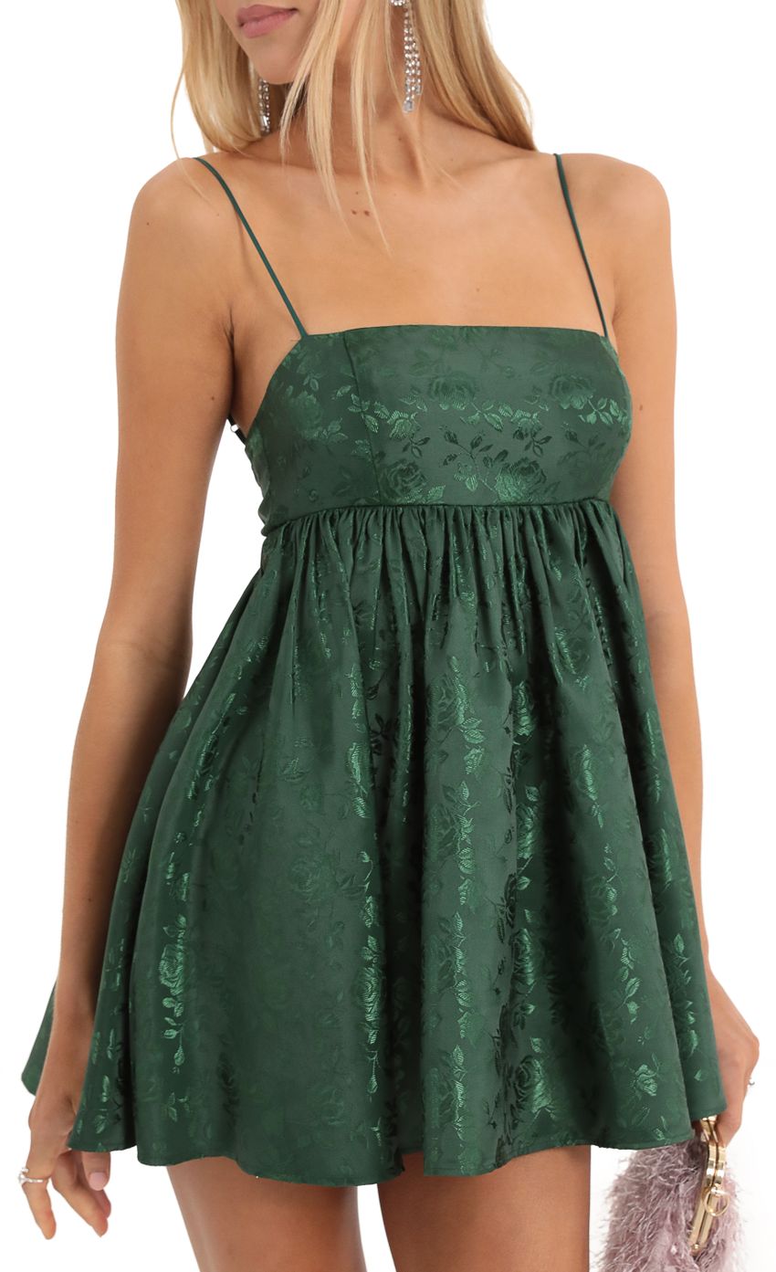 Picture Floral Jacquard Baby Doll Dress in Green. Source: https://media-img.lucyinthesky.com/data/Dec22/850xAUTO/a33ebe5b-d33c-4650-b5dd-fdb7e7d7d8c3.jpg