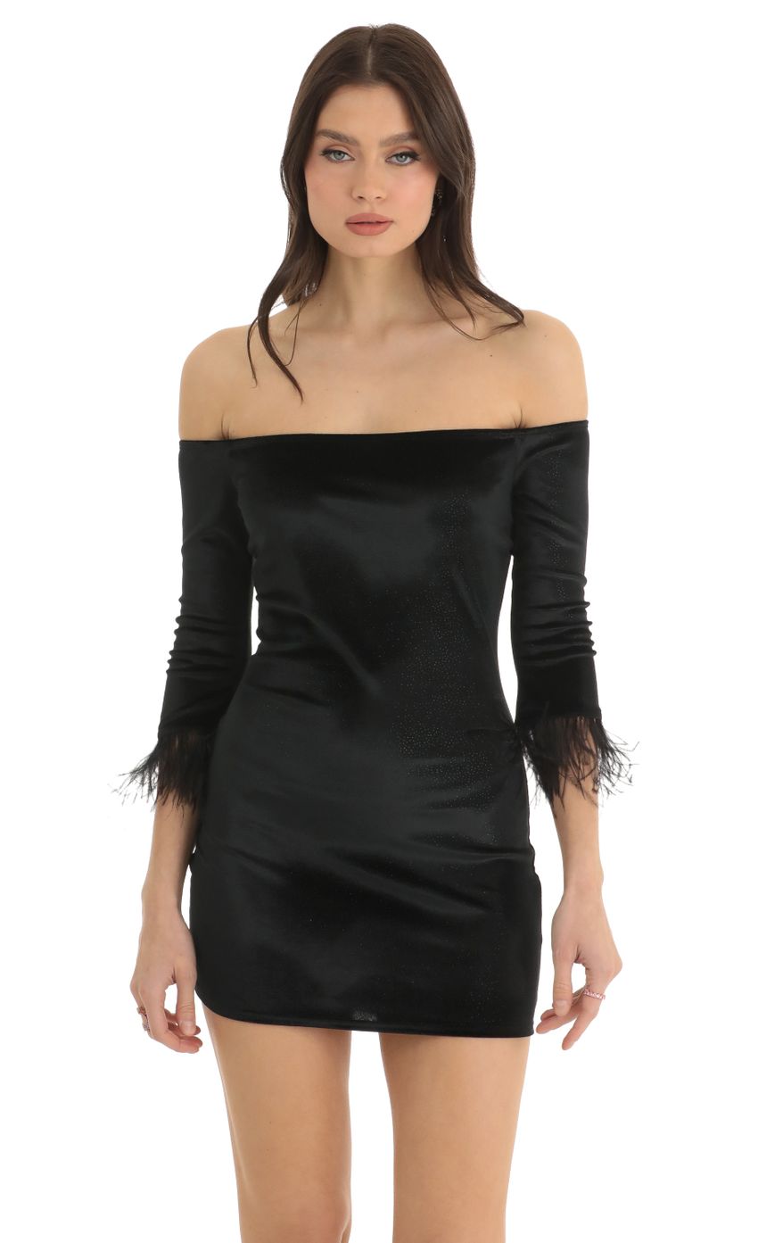 Product image for Delores Velvet Feather Off The Shoulder Dress in Black