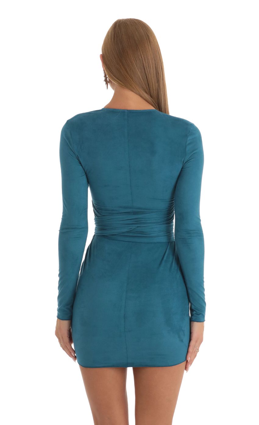 Picture Suede Long Sleeve V-Neck Dress in Teal. Source: https://media-img.lucyinthesky.com/data/Dec22/850xAUTO/b5509c39-f86a-43a9-a9f9-d58b5fd93625.jpg