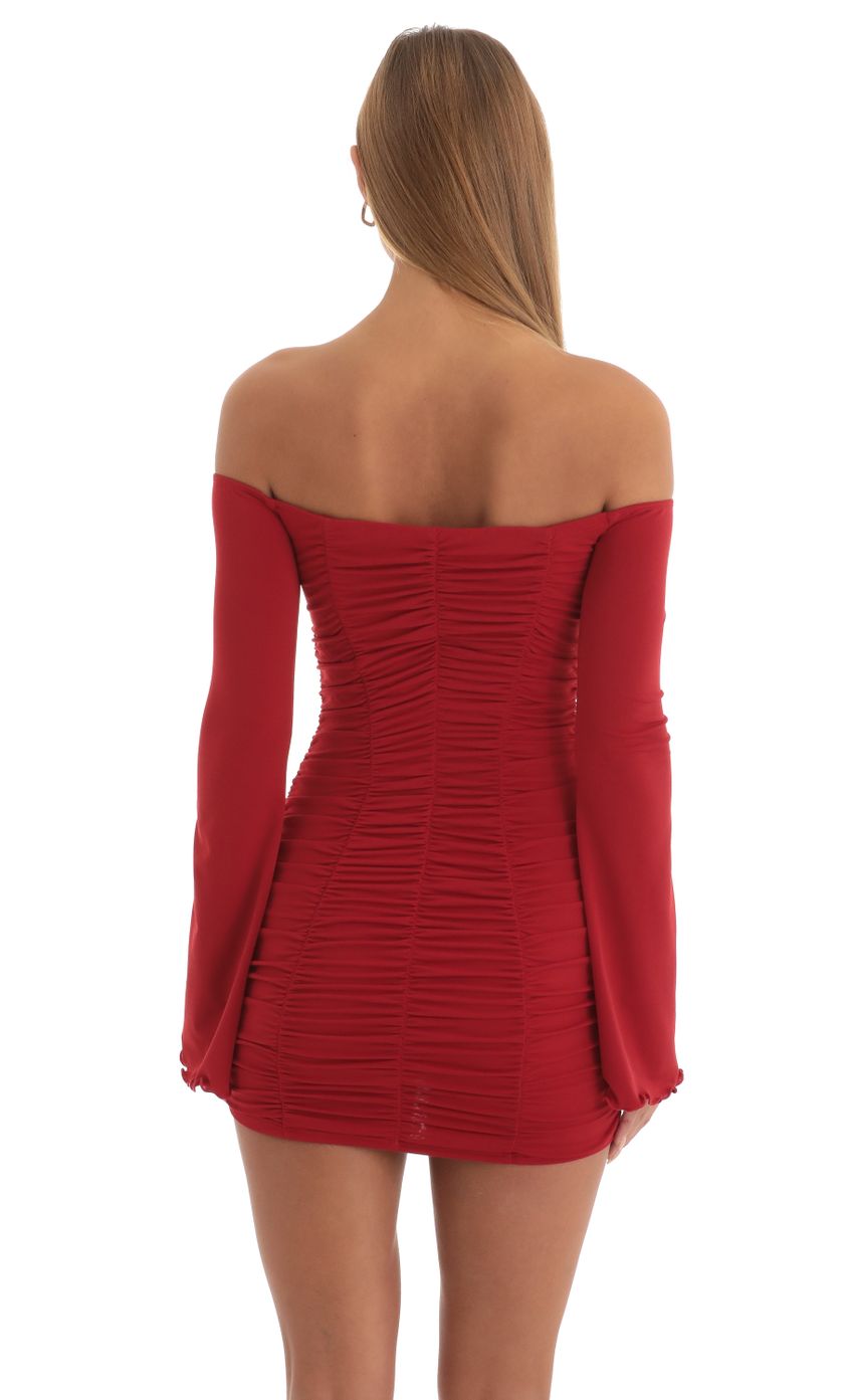 Picture Off The Shoulder Ruched Dress in Red. Source: https://media-img.lucyinthesky.com/data/Dec22/850xAUTO/bc03b44c-8963-46e6-9e87-52a75678f097.jpg