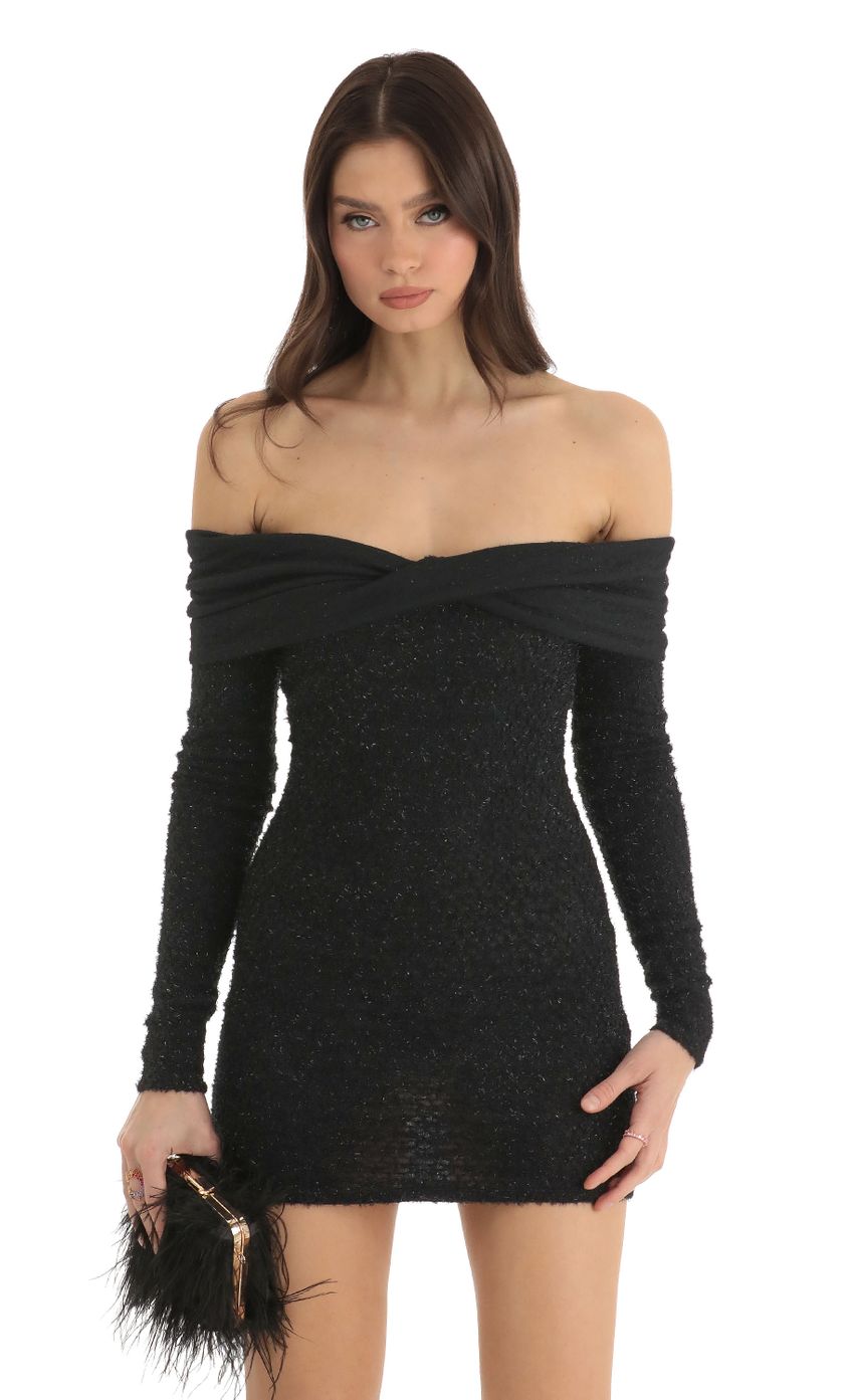 Picture Eyelash Off The Shoulder Dress in Black. Source: https://media-img.lucyinthesky.com/data/Dec22/850xAUTO/c17b44c5-fae3-4a29-a2f5-32ddef15eb24.jpg
