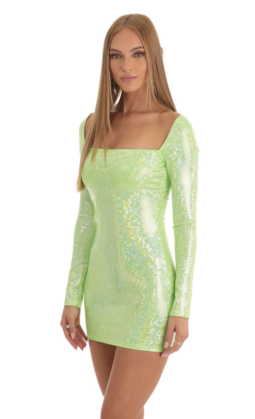 Picture Holographic Long Sleeve Bodycon Dress in Light Green. Source: https://media-img.lucyinthesky.com/data/Dec22/850xAUTO/c6f21ff2-37f7-4923-9209-9db2d2965bb0.jpg