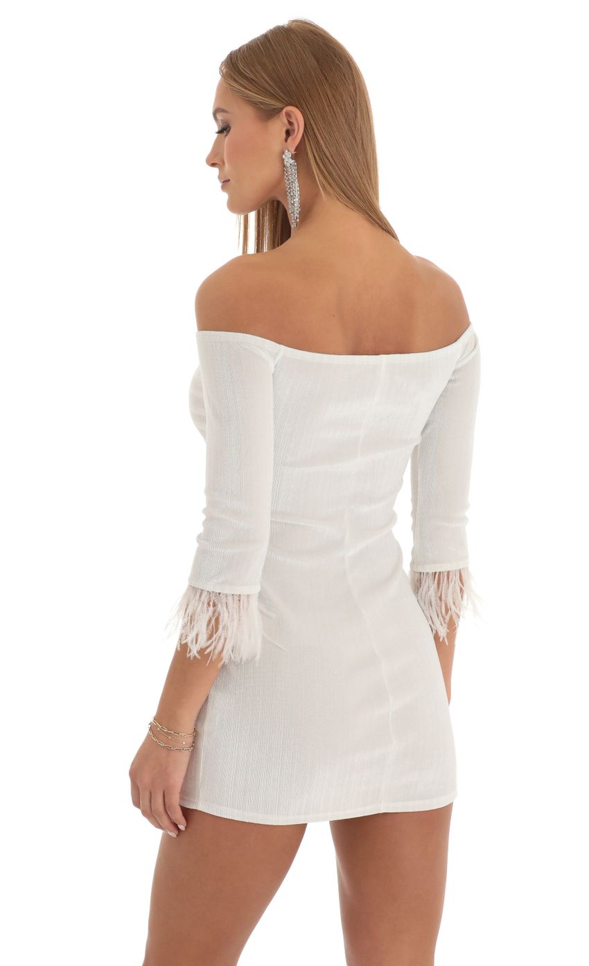 Picture Delores Velvet Feather Off The Shoulder Dress in White. Source: https://media-img.lucyinthesky.com/data/Dec22/850xAUTO/d708aa8d-8373-44aa-a7a5-bfe0d7fa185e.jpg