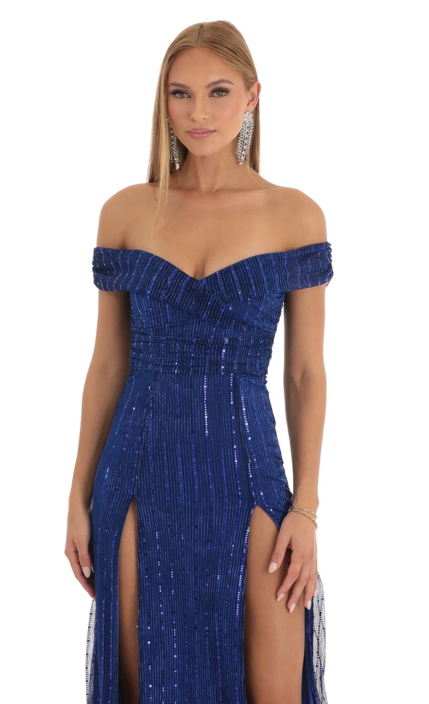 Picture Sequin Striped Off The Shoulder Maxi Dress in Blue. Source: https://media-img.lucyinthesky.com/data/Dec22/850xAUTO/e9b7351a-6f2f-445f-90fd-33b2022b491a.jpg
