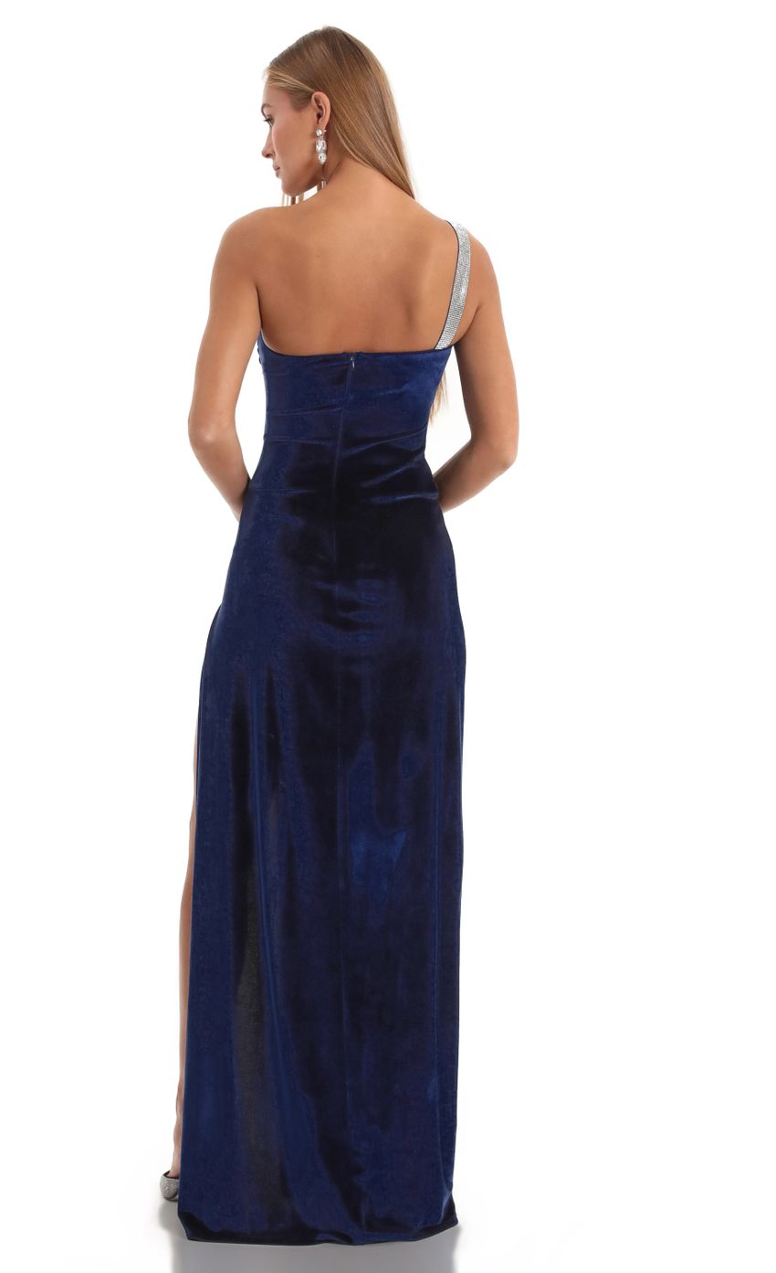 Picture Velvet Rhinestone One Shoulder Maxi Dress in Navy. Source: https://media-img.lucyinthesky.com/data/Dec22/850xAUTO/ef0c4a3d-b7b8-41b0-9ae8-0fe4e4b1d960.jpg