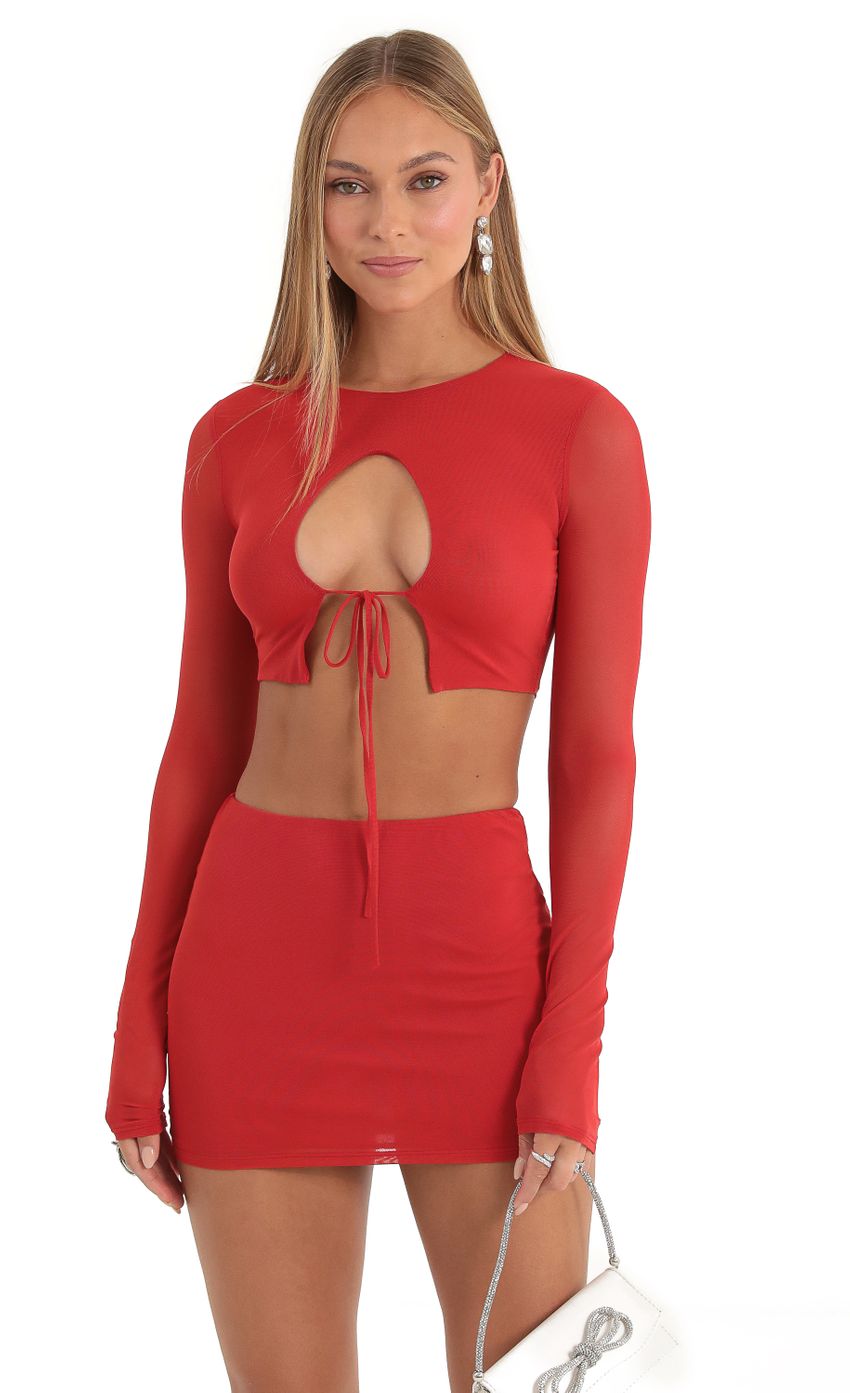Picture Sakura Mesh Two Piece Skirt Set in Red. Source: https://media-img.lucyinthesky.com/data/Dec22/850xAUTO/fbd73100-c05f-497b-8c81-9d4ae92e6b83.jpg