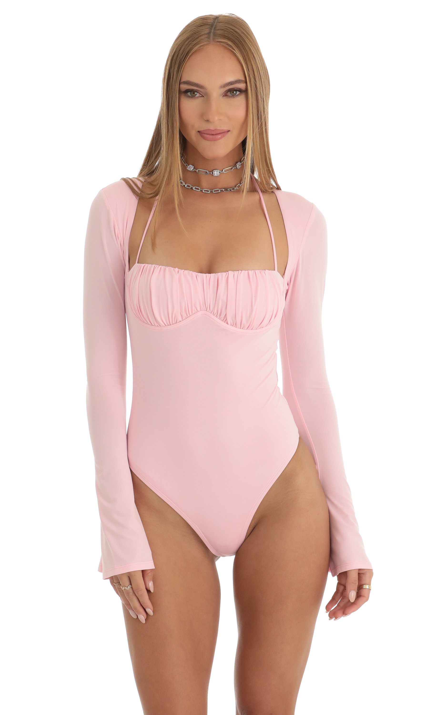 Flare Long Sleeve Bodysuit in Pink