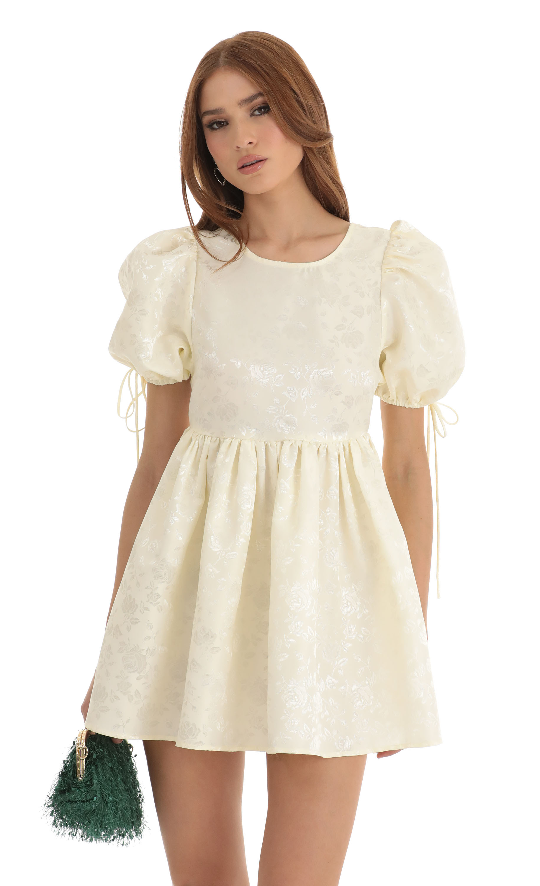 Floral Jacquard Baby Doll Dress in Cream