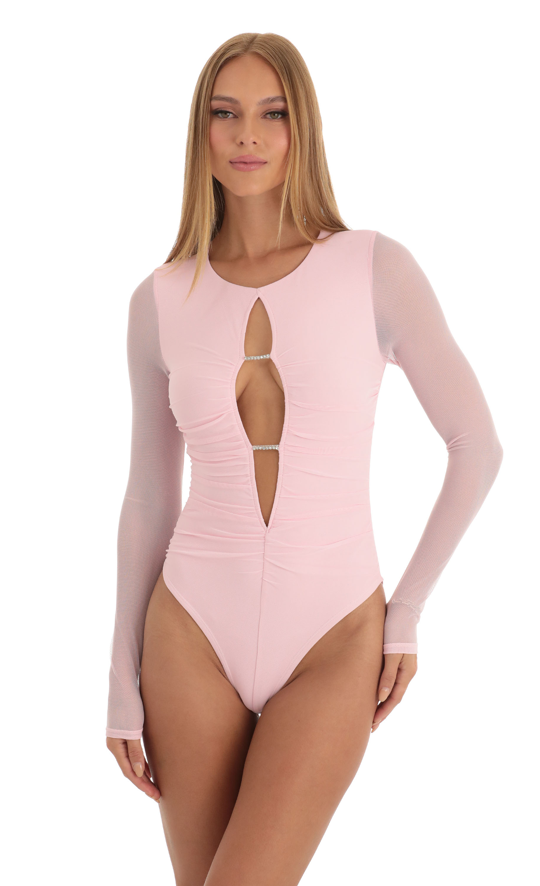 Evonne Glitter Mesh Long Sleeve Bodysuit in Pink