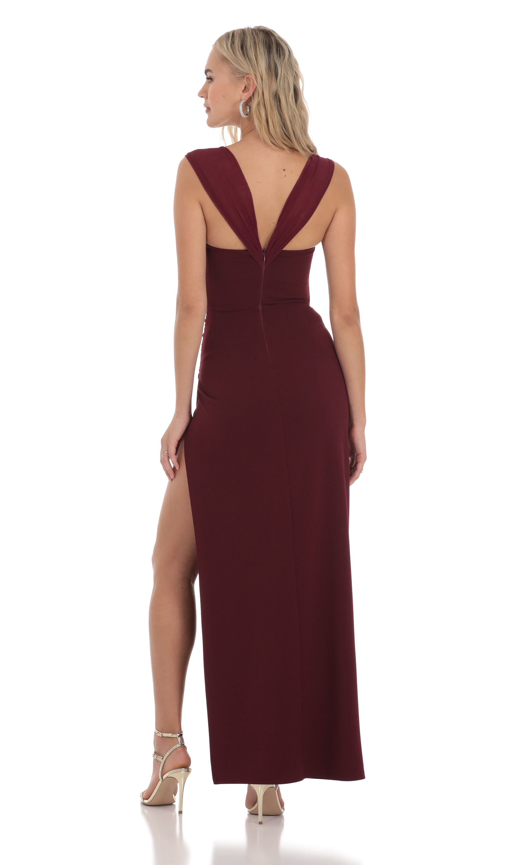 Mesh Draped Corset Maxi Dress in Burgundy | LUCY IN THE SKY Mesh Draped Corset Maxi Dress in Burgundy | LUCY IN THE SKY