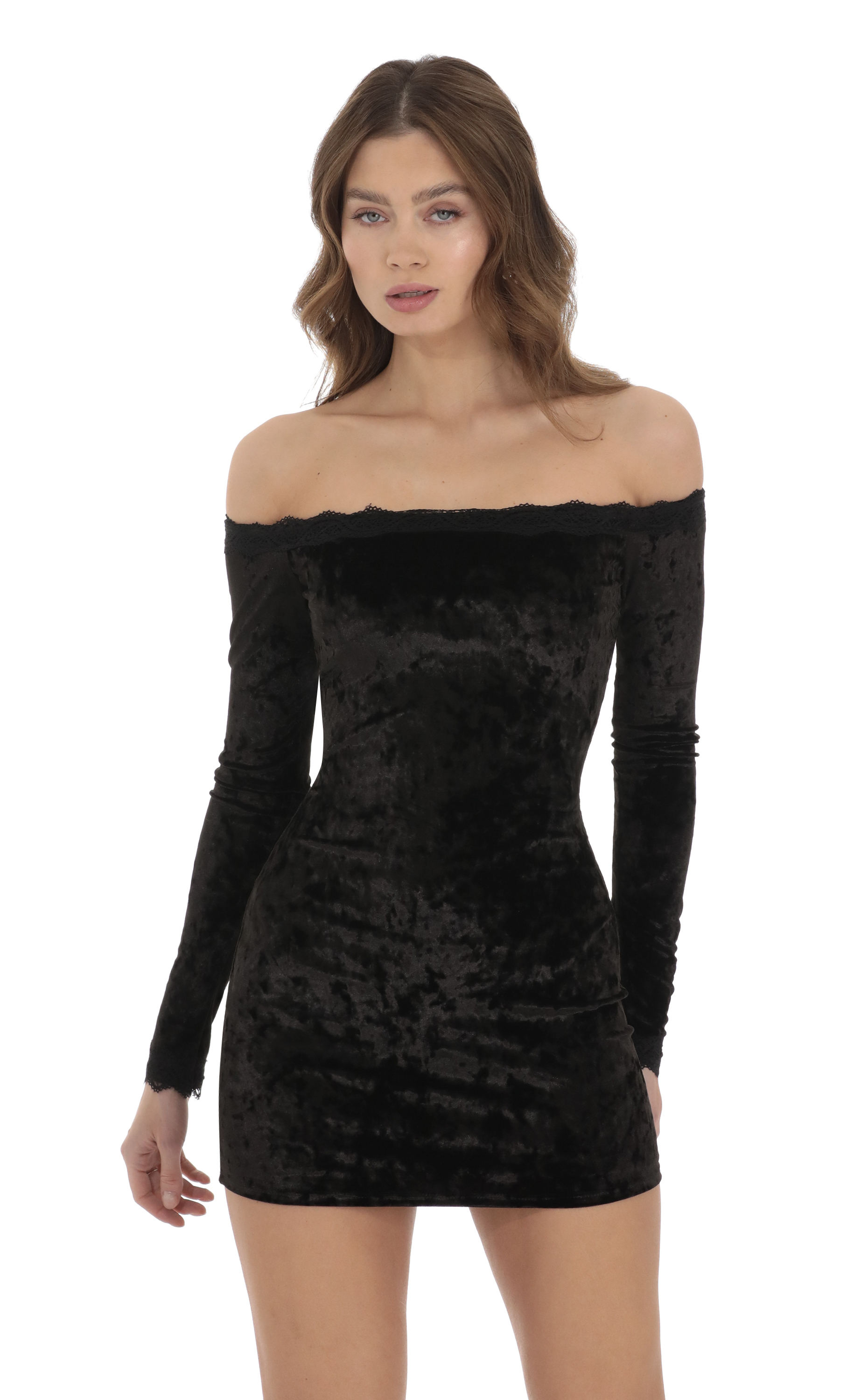 Lace Off Shoulder Crushed Velvet Dress in Black