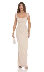 Picture Suede Draped Lace Maxi Dress in Cream. Source: https://media-img.lucyinthesky.com/data/Dec23/150xAUTO/8b5aa8e1-8306-43e3-b8d0-3f62c7f163c8.jpg