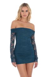 Picture Off Shoulder Long Sleeve Lace Dress in Blue. Source: https://media-img.lucyinthesky.com/data/Dec23/150xAUTO/a5c500d5-d931-4f8f-841d-28daa55ce7d5.jpg