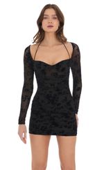Picture Mesh Velvet Floral Ruched Dress in Black. Source: https://media-img.lucyinthesky.com/data/Dec23/150xAUTO/c66ea0d2-9968-4a15-a884-a0d50a36b463.jpg