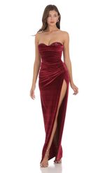 Picture Strapless Velvet Sequin Bust Maxi Dress in Maroon. Source: https://media-img.lucyinthesky.com/data/Dec23/150xAUTO/c8d24e5d-33ad-4287-9252-8e6a71ef13e3.jpg