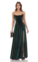 Picture Velvet Double Slit Maxi Dress in Green. Source: https://media-img.lucyinthesky.com/data/Dec23/150xAUTO/e8c100a9-ac28-4e60-a72f-fa19a31663e0.jpg