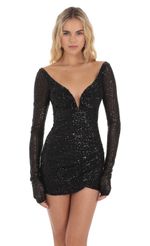 Picture Sequin V-Neck Long Sleeve Dress in Black. Source: https://media-img.lucyinthesky.com/data/Dec23/150xAUTO/ffc1ebe1-0368-4521-8bcf-94e2670d134c.jpg