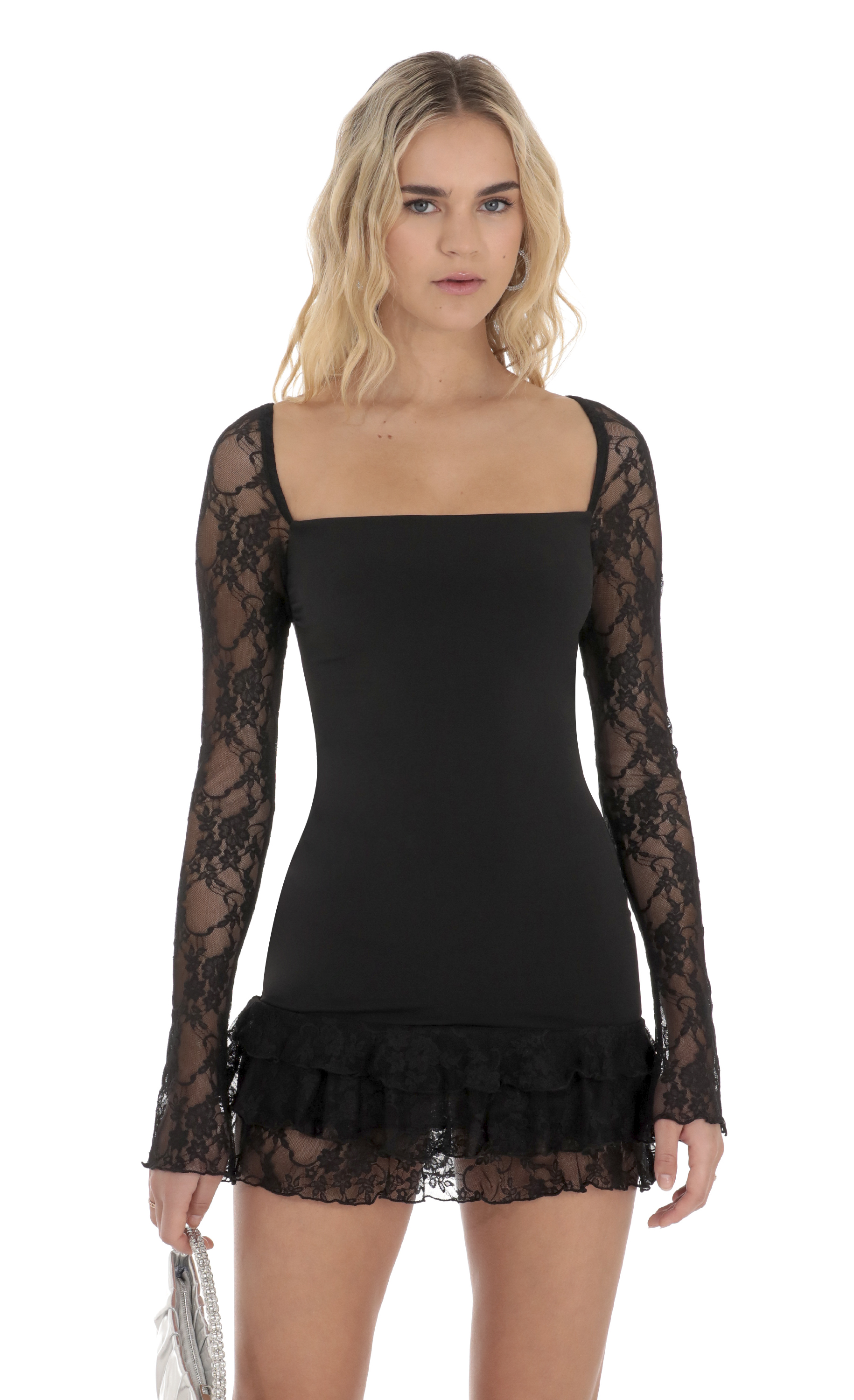 Lace Ruffle Bodycon Dress in Black | LUCY IN THE SKY