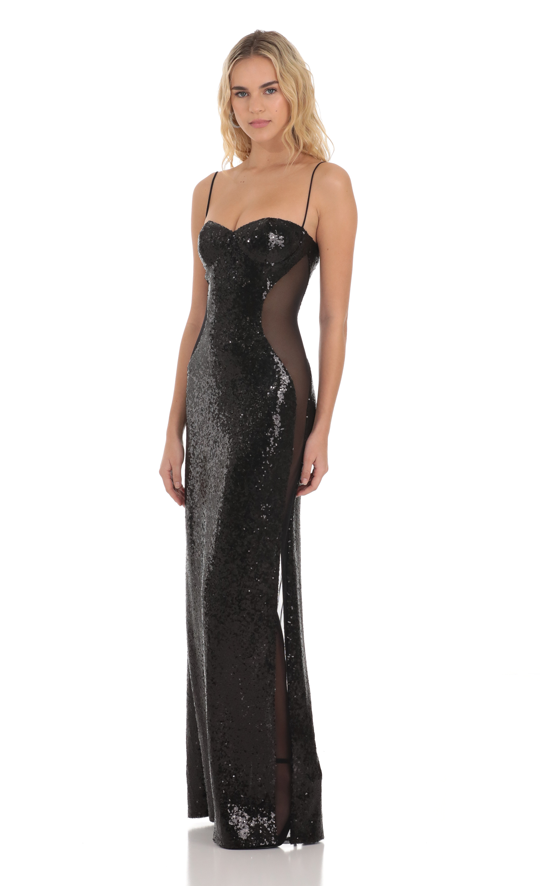 Sequin Mesh Side Cutout Maxi Dress in Black
