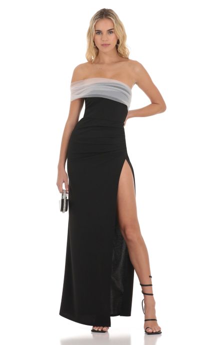 Off Shoulder Tulle Sleeve Maxi Dress in Black | LUCY IN THE SKY Off Shoulder Tulle Sleeve Maxi Dress in Black | LUCY IN THE SKY
