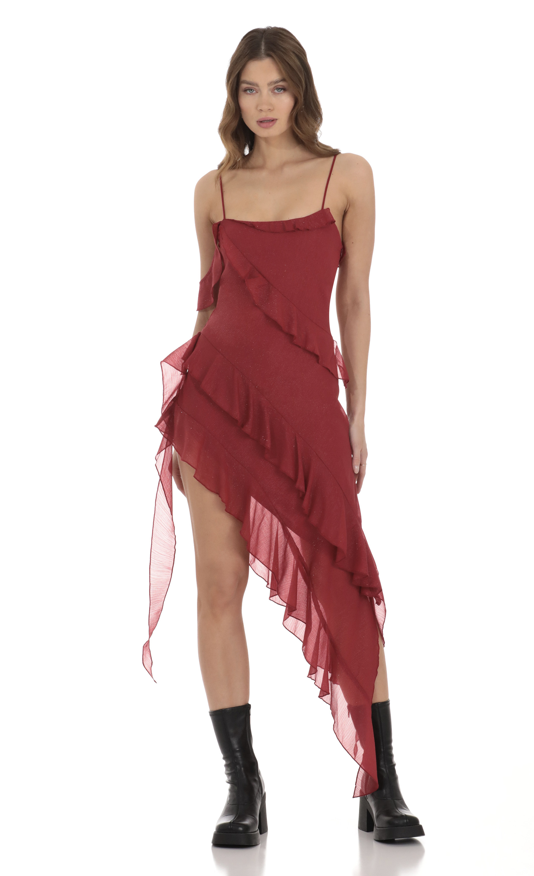Shimmer High Low Ruffle Dress in Red
