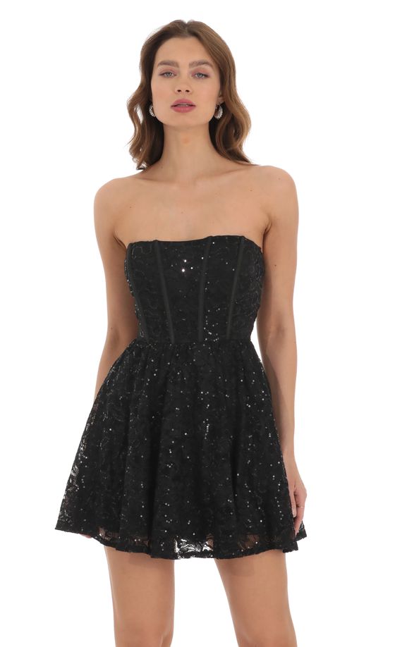 Sequin Lace Corset A-line Dress in Black