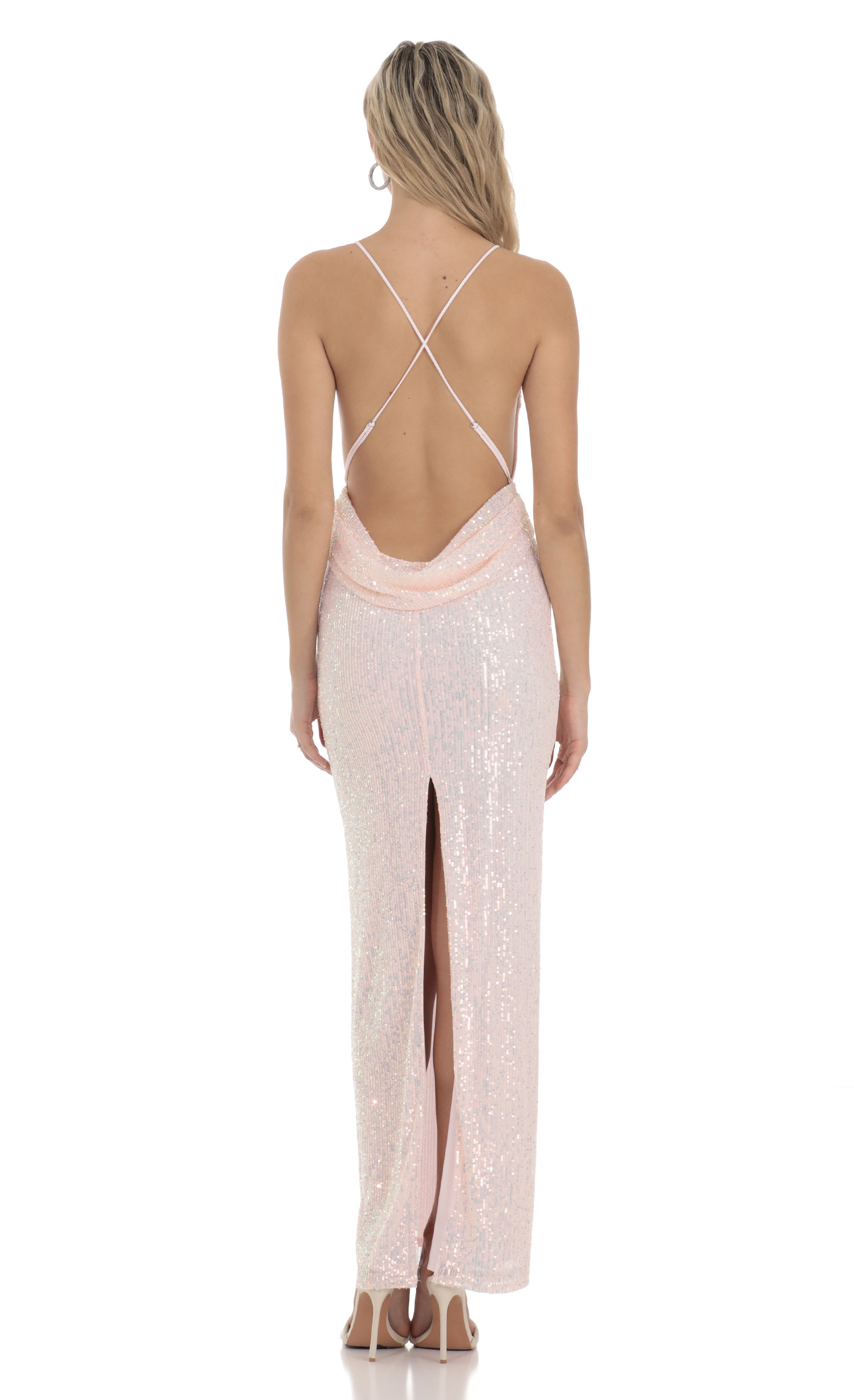 Sequin Back Draped Maxi Dress in Pink