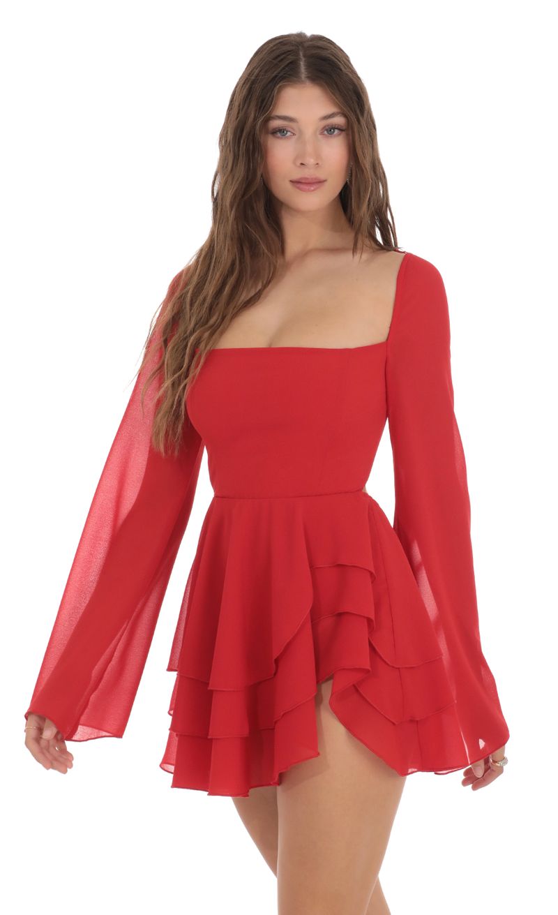 Chiffon Bell Sleeve Dress in Red