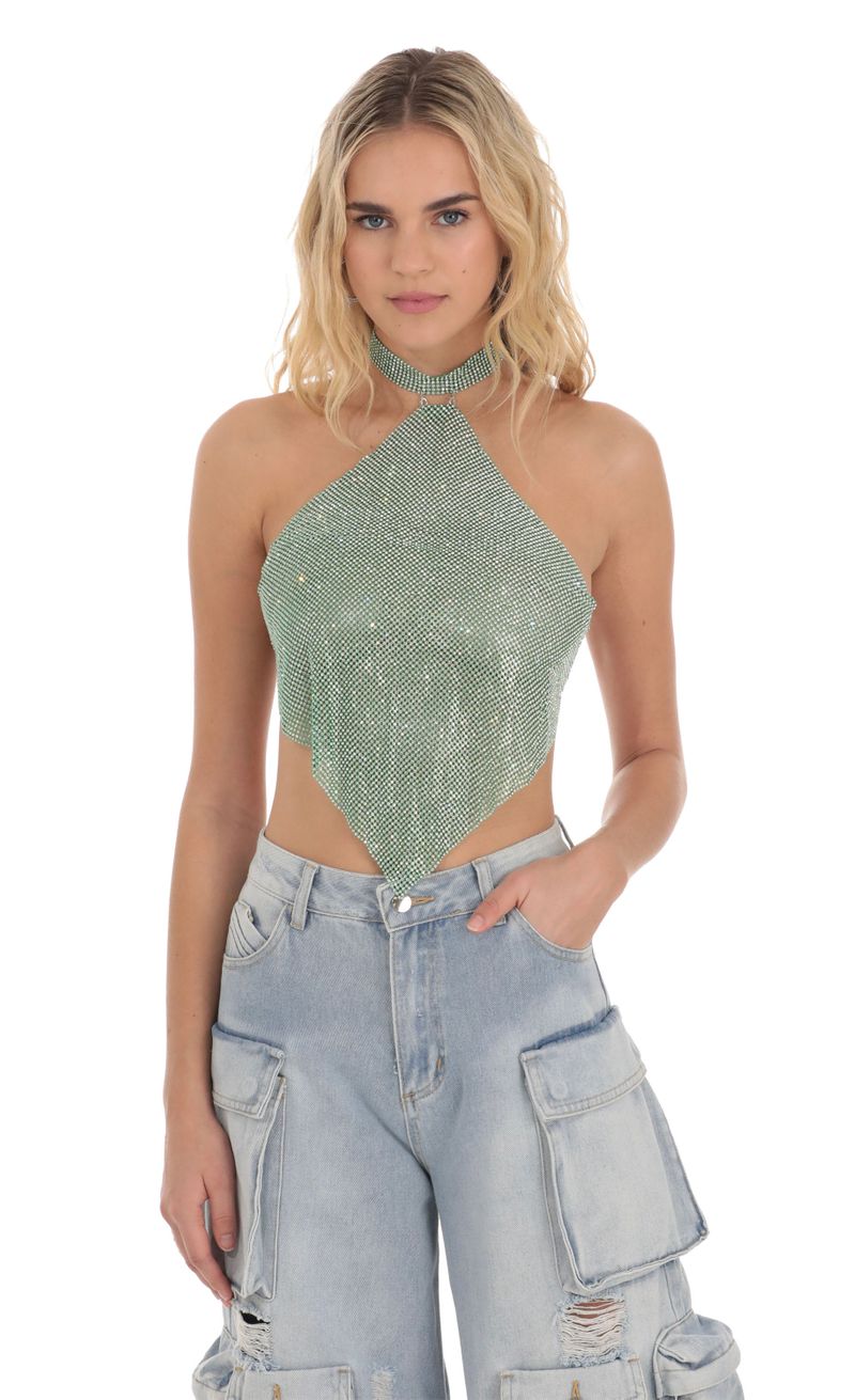 Rhinestone Chainlink Top in Green | LUCY IN THE SKY