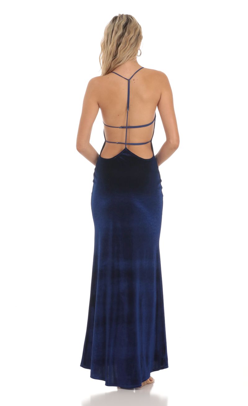 Velvet Strappy Halter Maxi Dress in Navy | LUCY IN THE SKY