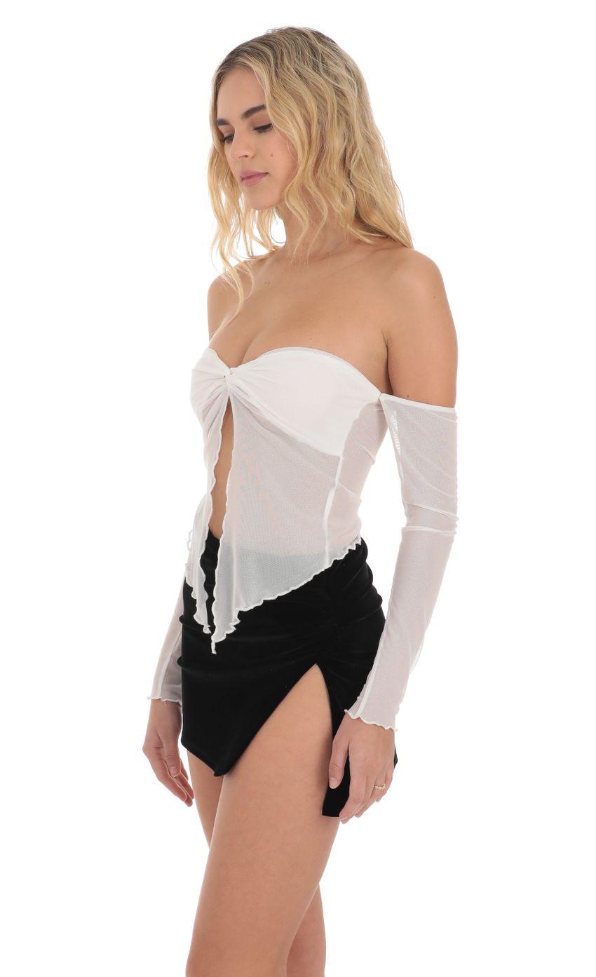Picture Mesh Off Shoulder Top in White. Source: https://media-img.lucyinthesky.com/data/Dec23/850xAUTO/07468f43-d519-4b36-9816-abe71d70cb77.jpg