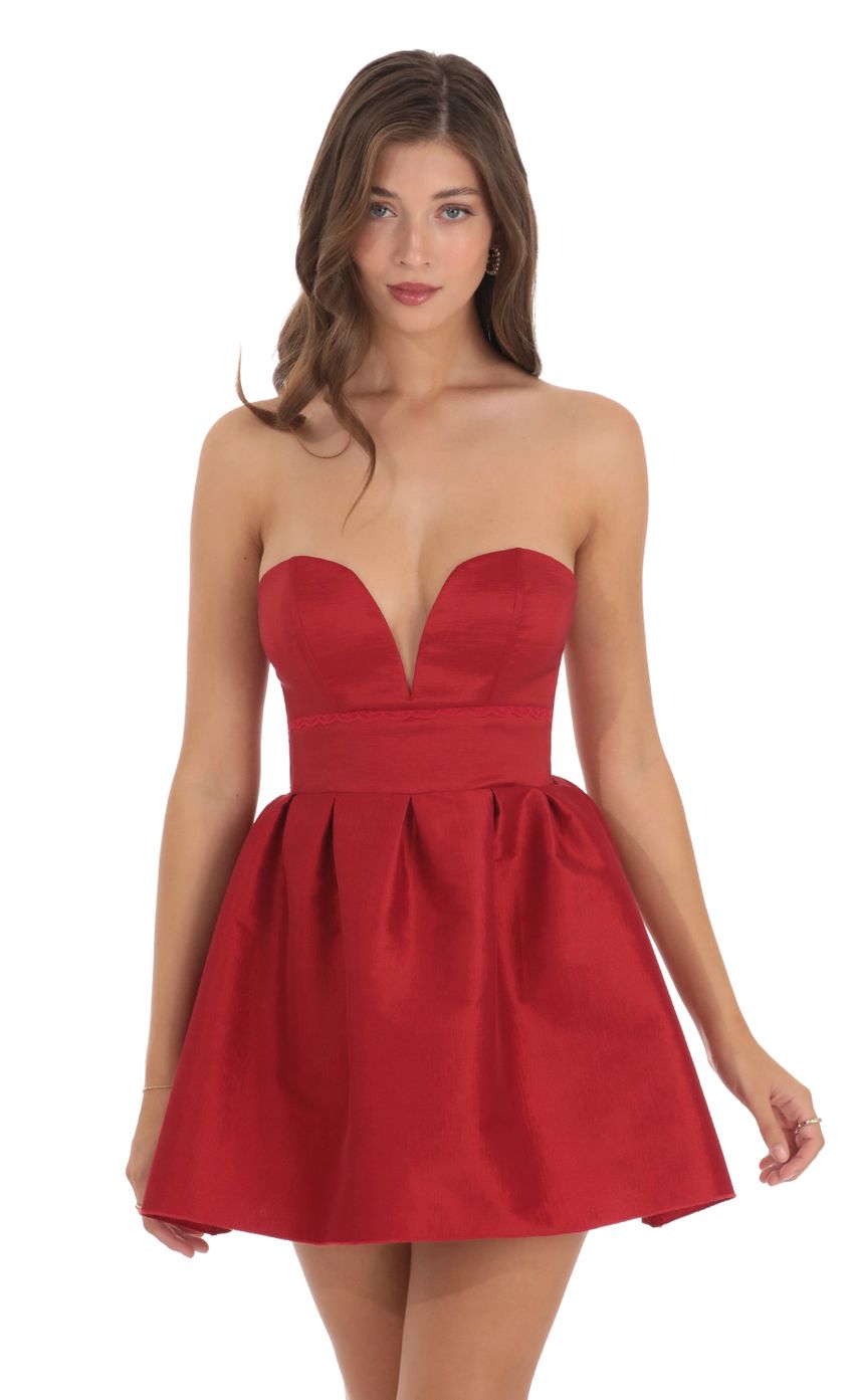 Picture Strapless Corset Fit and Flare Dress in Red. Source: https://media-img.lucyinthesky.com/data/Dec23/850xAUTO/0b01394e-005a-42f5-8db9-7357296a0cf4.jpg