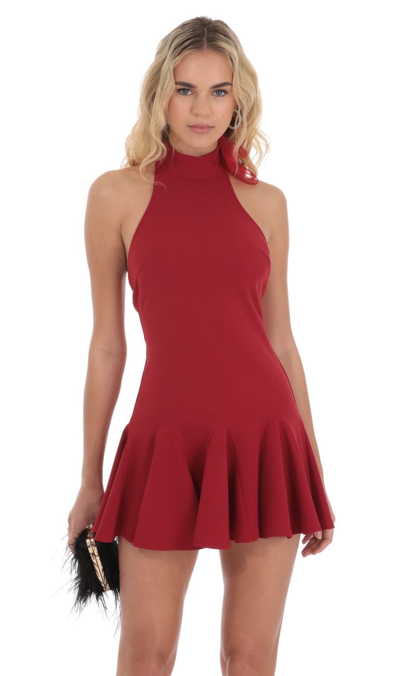 Picture Mock Neck Halter Flare Dress in Red. Source: https://media-img.lucyinthesky.com/data/Dec23/850xAUTO/0c13bfa5-72e9-41dd-9e71-b2d8f54bacf5.jpg