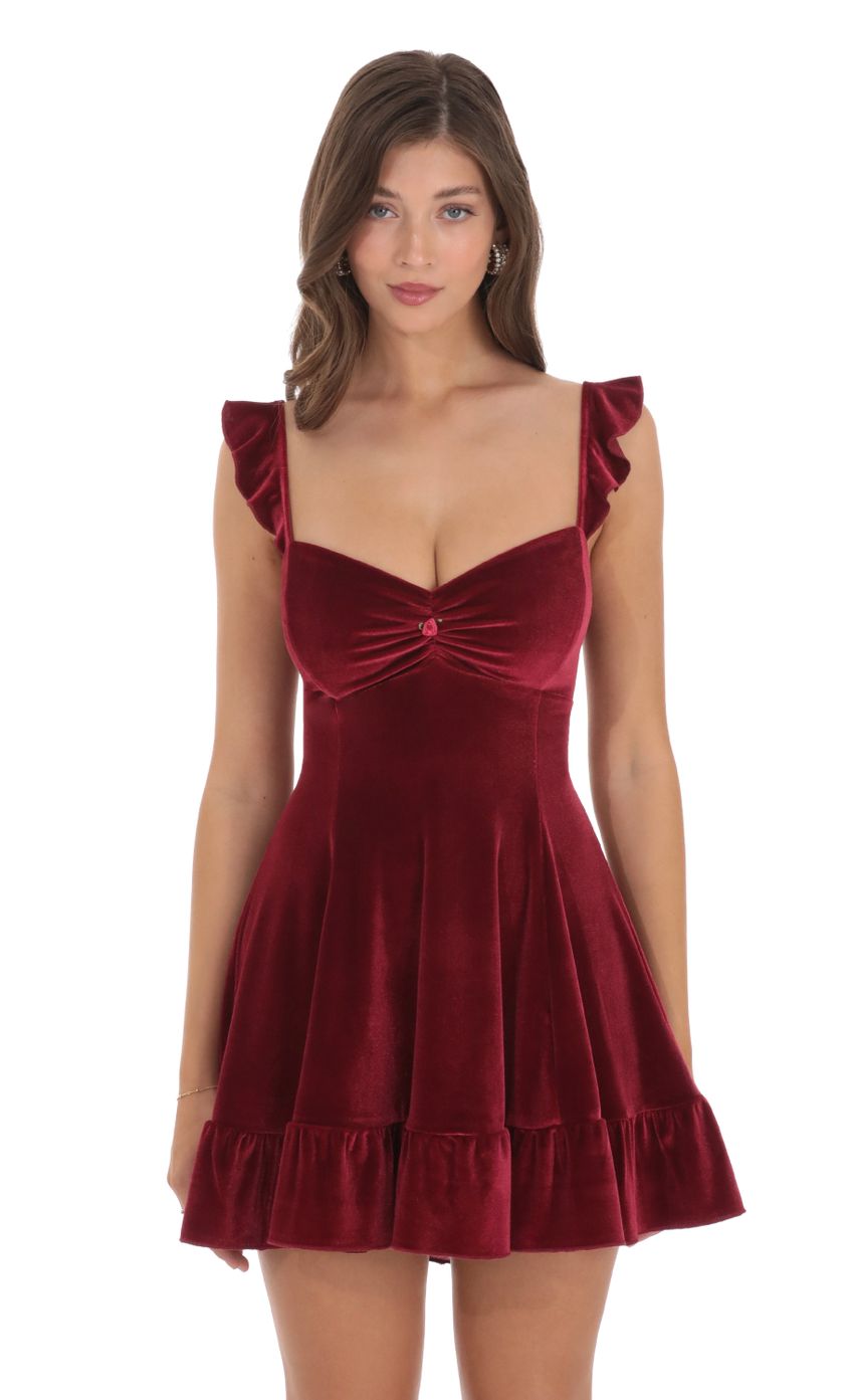 Picture Velvet Ruffle Strap A-Line Dress in Maroon. Source: https://media-img.lucyinthesky.com/data/Dec23/850xAUTO/0dbfd1aa-69a1-4dcf-ae9e-23bc8f65c4ad.jpg
