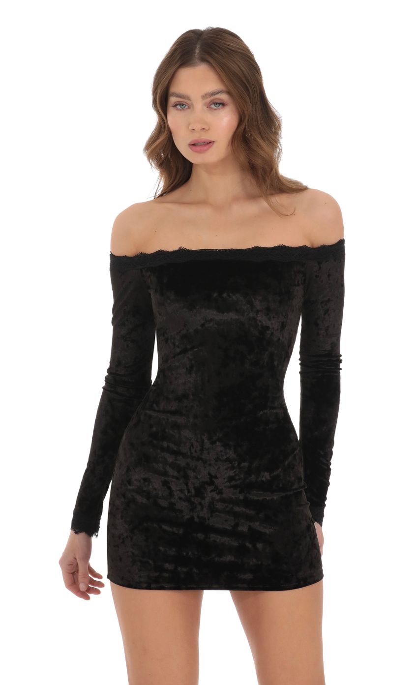 Picture Lace Off Shoulder Crushed Velvet Dress in Black. Source: https://media-img.lucyinthesky.com/data/Dec23/850xAUTO/10548da3-4f98-4dd8-a212-d07022b45371.jpg