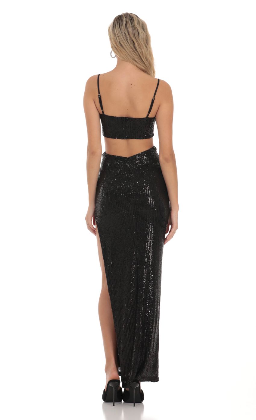 Picture Sequin Corset Cutout Maxi Dress in Black. Source: https://media-img.lucyinthesky.com/data/Dec23/850xAUTO/108517d8-cc89-4f9d-a6ab-18403a2e7033.jpg