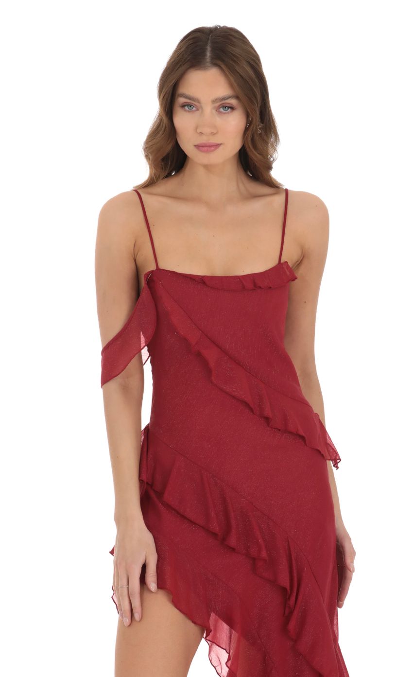 Picture Shimmer High Low Ruffle Dress in Red. Source: https://media-img.lucyinthesky.com/data/Dec23/850xAUTO/13ae1445-16e4-4fb4-83c2-7a51b3464a51.jpg