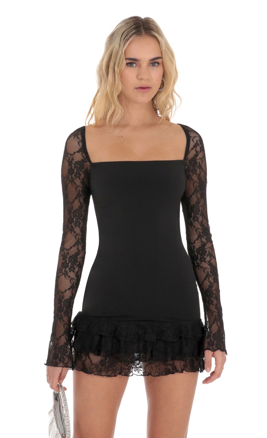 Picture Lace Ruffle Bodycon Dress in Black. Source: https://media-img.lucyinthesky.com/data/Dec23/850xAUTO/1736a3fb-53f8-403c-8163-91326cf4b256.jpg