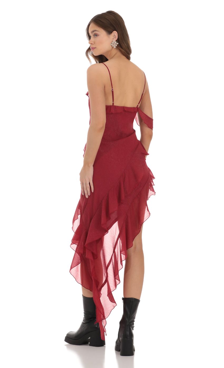 Picture Shimmer High Low Ruffle Dress in Red. Source: https://media-img.lucyinthesky.com/data/Dec23/850xAUTO/190608bc-d6af-4373-9639-0cea09e951d4.jpg