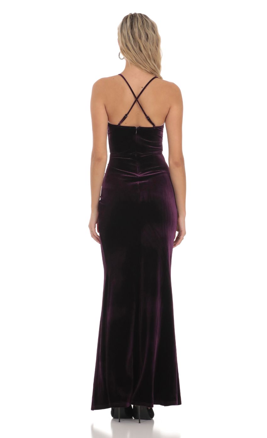 Picture Velvet Corset Maxi Dress in Deep Purple. Source: https://media-img.lucyinthesky.com/data/Dec23/850xAUTO/1e29300e-7bf3-4cb5-a68e-aa6f758c3ac2.jpg