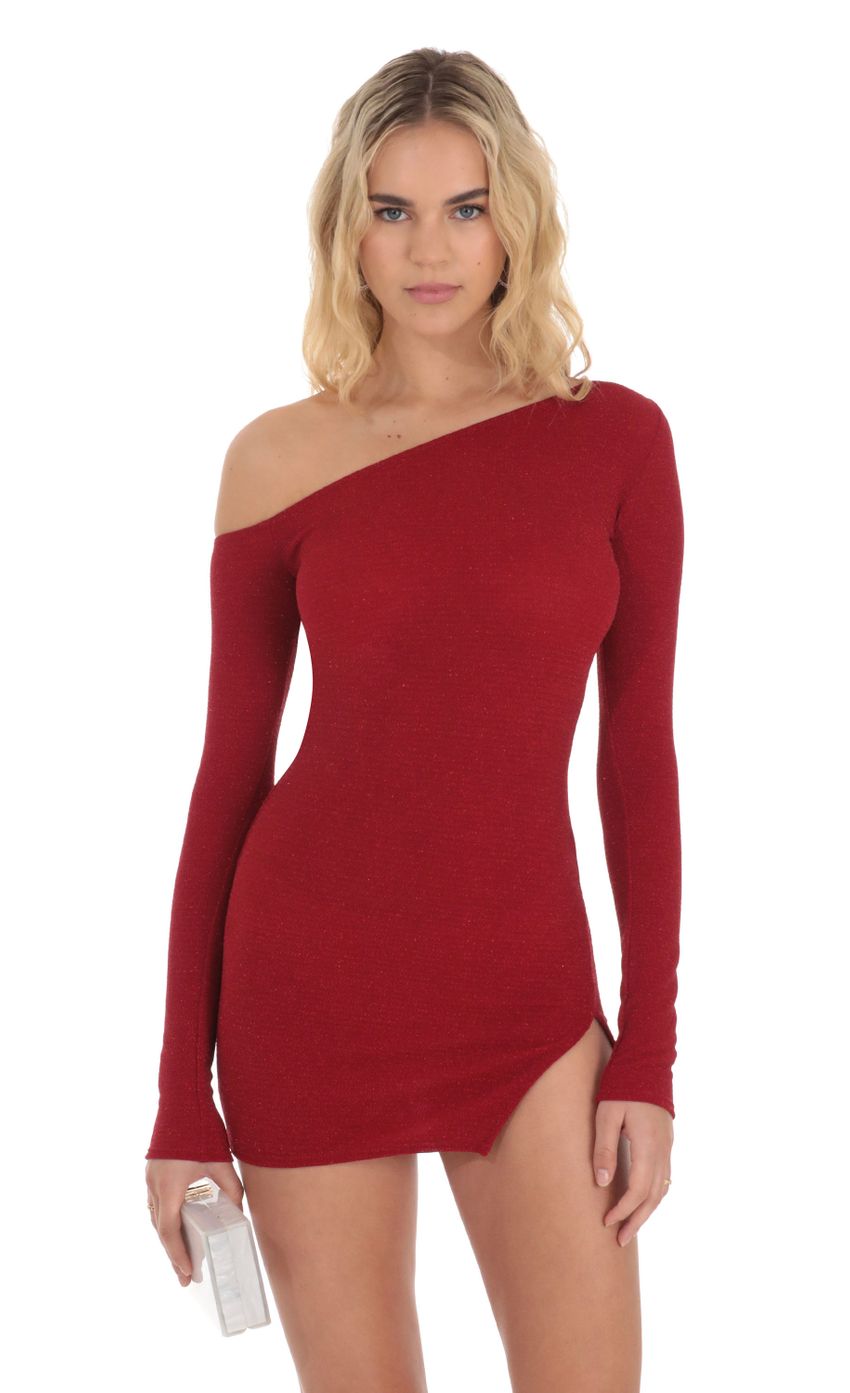 Picture Shimmer One Off Shoulder Bodycon Dress in Red. Source: https://media-img.lucyinthesky.com/data/Dec23/850xAUTO/200bec4c-50db-4a30-aa67-54a60369a9d0.jpg