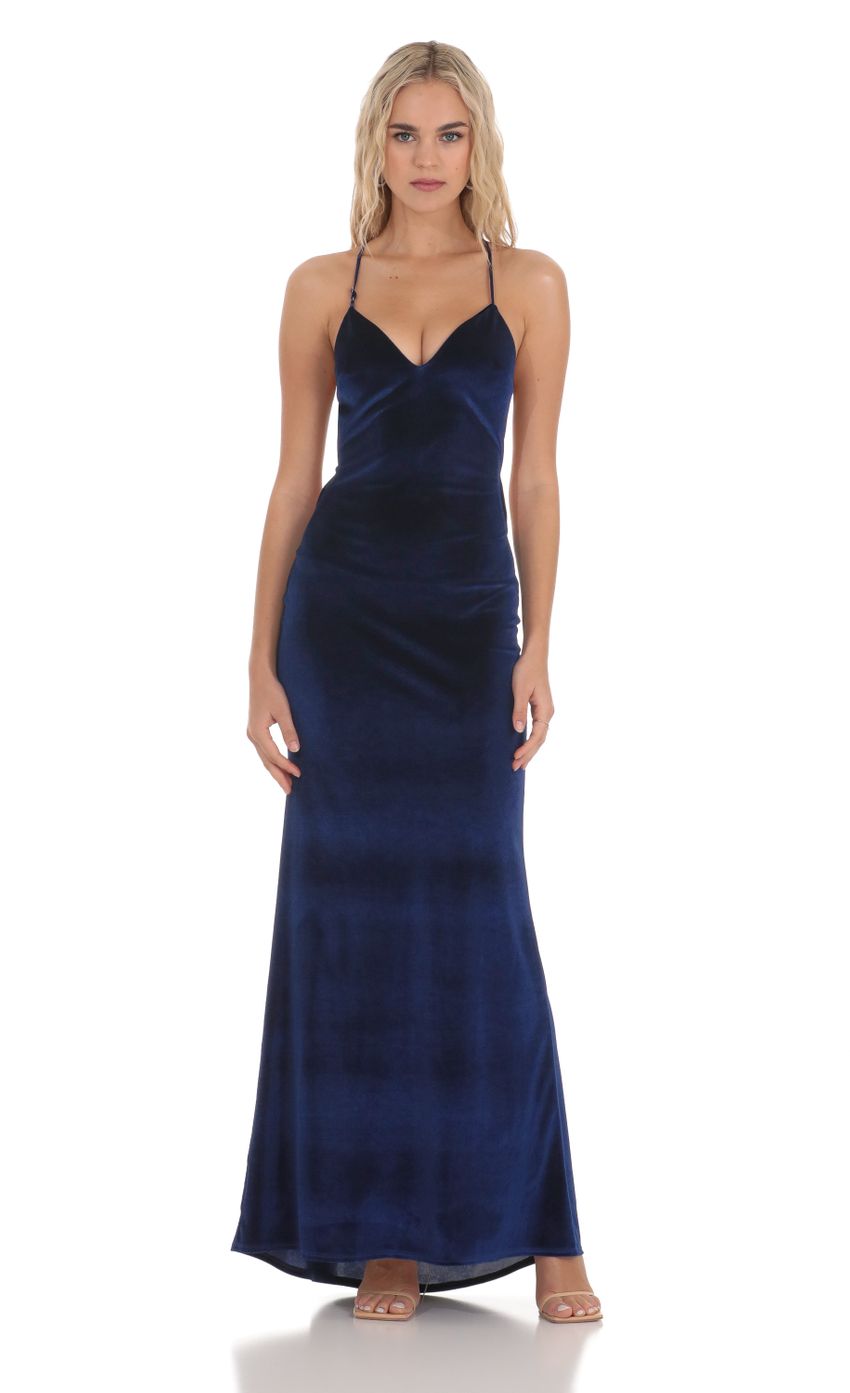 Picture Velvet Strappy Halter Maxi Dress in Navy. Source: https://media-img.lucyinthesky.com/data/Dec23/850xAUTO/290ff9a8-67bc-40d6-9097-976e005937eb.jpg