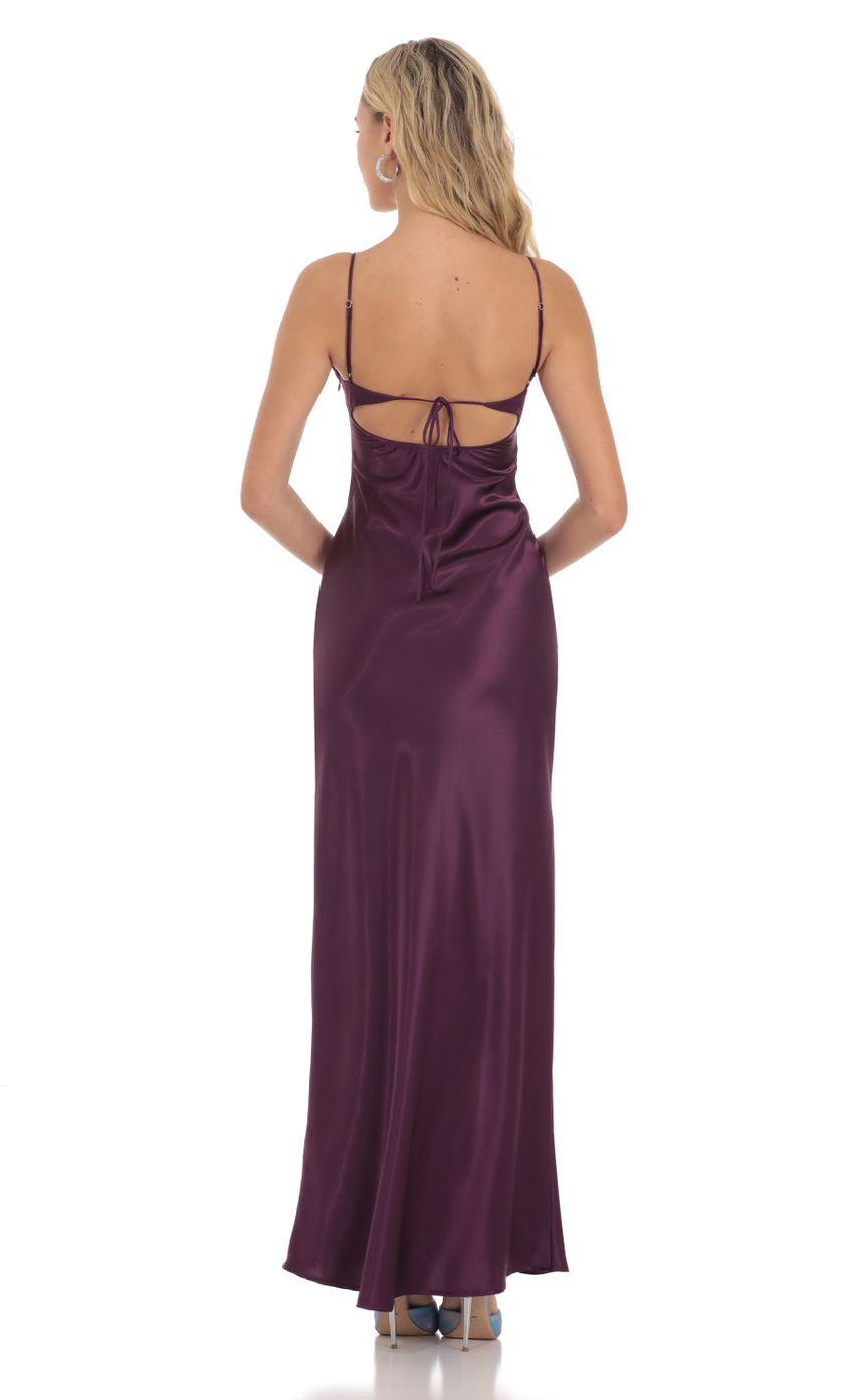Picture Satin Front Tie Maxi Dress in Purple. Source: https://media-img.lucyinthesky.com/data/Dec23/850xAUTO/2c171bdd-90a0-4a9d-bfa2-0ab5736cbcad.jpg