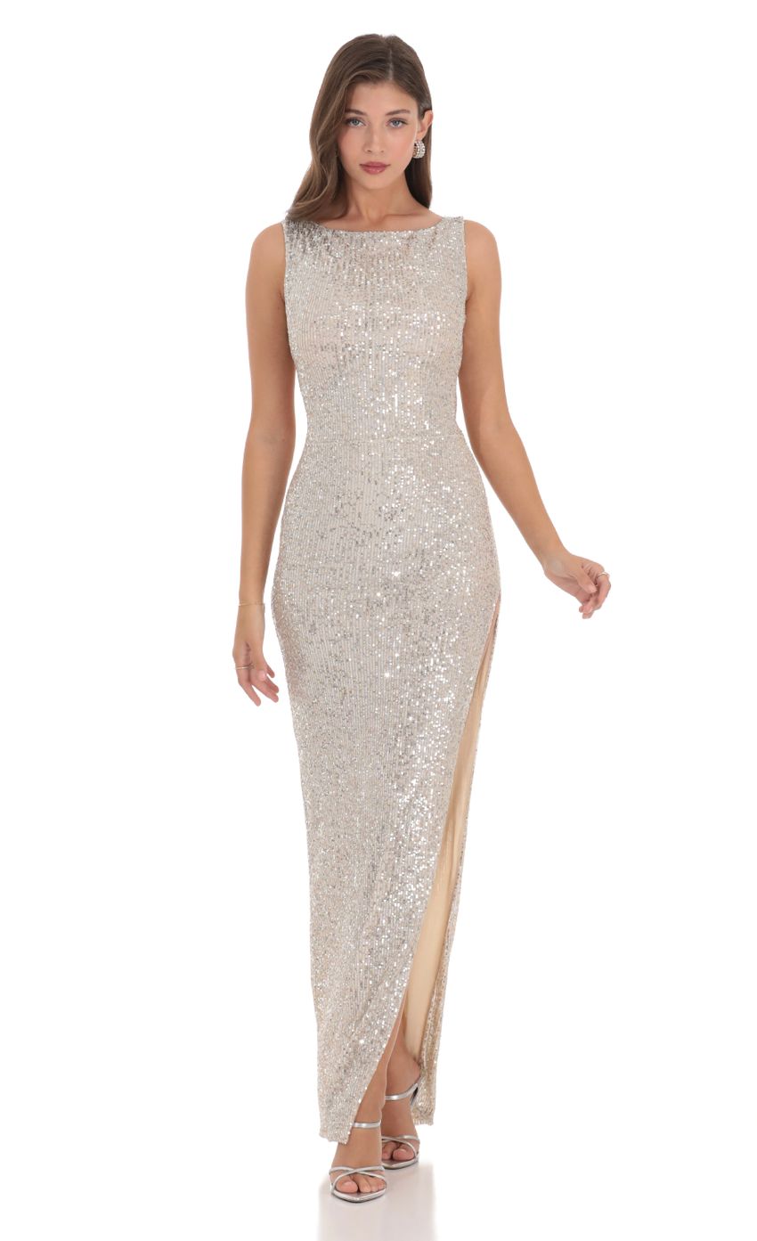 Picture Sequin High Neck Open Back Maxi Dress in Champagne. Source: https://media-img.lucyinthesky.com/data/Dec23/850xAUTO/2ddb8346-5f45-46e1-9bc8-9c2333150164.jpg